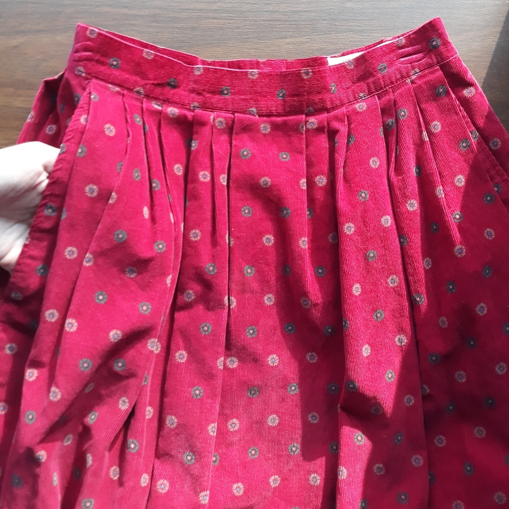 90s Walker & Lane Red Printed Corduroy Midi Skirt Size 8 Cotton Cottagecore - Picture 1 of 9